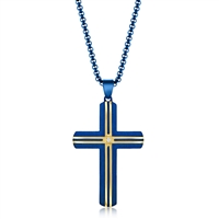 Stainless Steel Blue & Gold Plated Lined Single CZ Cross Necklace