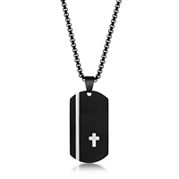 Stainless Steel Black Silver Cross Single CZ Dog Tag Necklace