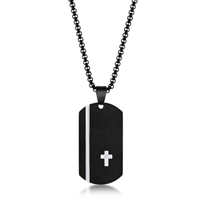 Stainless Steel Black Silver Cross Single CZ Dog Tag Necklace