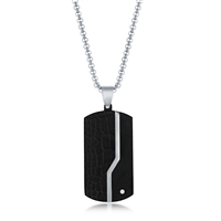 Stainless Steel Black Pebbled Single CZ Dog Tag Necklace