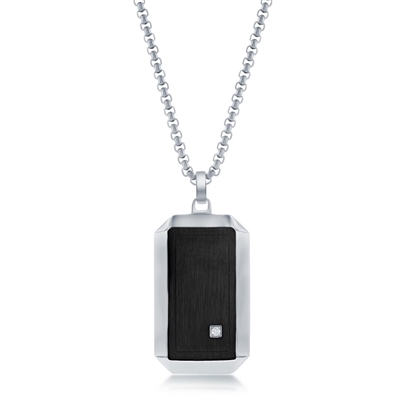 Stainless Steel Black & Silver Single CZ Dog Tag Necklace