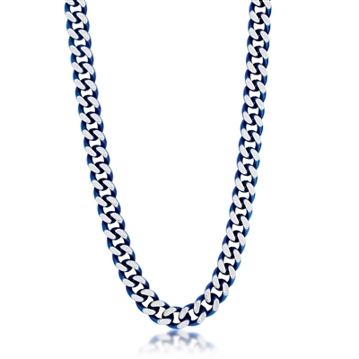 Stainless Steel 10.5mm Cuban Chain Necklace - Brushed & Blue IP Plated