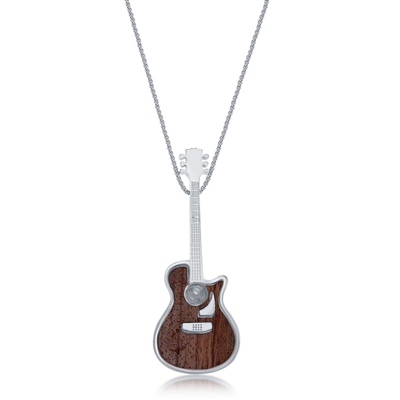 Stainless Steel Wood Inlay Guitar Necklace