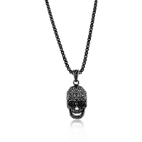 Stainless Steel Skull & CZ Eyes Necklace - Black Plated