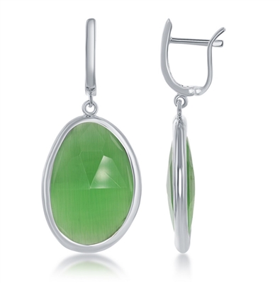 Sterling Silver Grass Green Oval Catâ€™s Eye Earrings