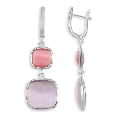 Sterling Silver Dark Watermelon Smaller Square & Light Violet Larger Square Cat's Eye Earrings