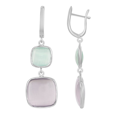 Sterling Silver Light Green Smaller Sqaure & Grey Larger Sqaure Cat's Eye Earrings