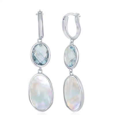Sterling Silver Oval Blue Topaz and Mother of Pearl Earrings