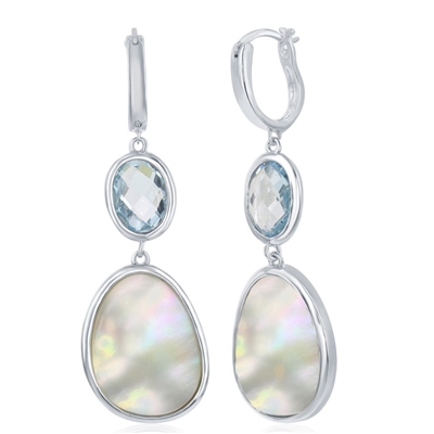 Sterling Silver Oval Blue Topaz and Irregular Design Mother of Pearl Earrings