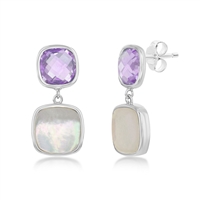 Sterling Silver Double Square Amethyst and Mother of Pearl Earrings
