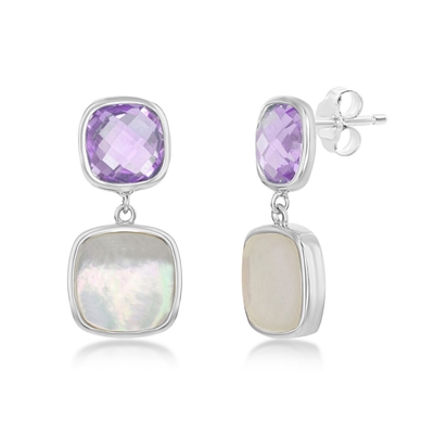 Sterling Silver Double Square Amethyst and Mother of Pearl Earrings