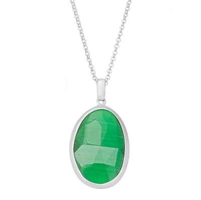 Sterling Silver Grass Green Oval Catâ€™s Eye Necklace