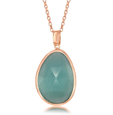 Sterling Silver Rose-Plated Light Green Oval Catâ€™s Eye Necklace