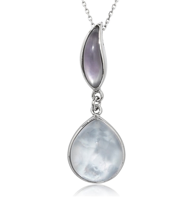 Sterling Silver Doublet MOP Teardrop and Amethyst Catâ€™s Eye 13 cttw Necklace