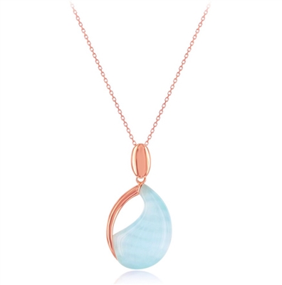 Sterling Silver Rose-Plated Dark Tiffany Blue Catâ€™s Eye Teardrop Necklace