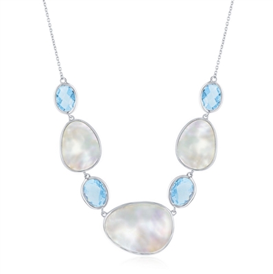 Sterling Silver Alternating Oval Blue Topaz and Mother of Pearl Necklace