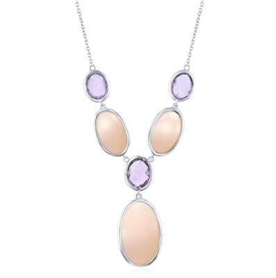 Sterling Silver Alternating Oval Amethyst & Pink MOP Y Necklace