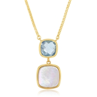 Sterling Silver Double Square Blue Topaz and Mother of Pearl Necklace - Gold Plated