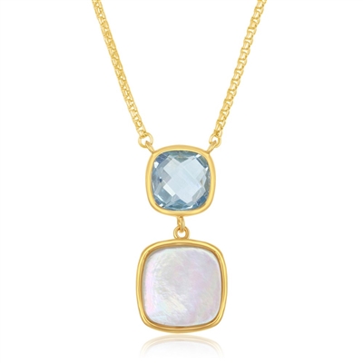 Sterling Silver Double Square Blue Topaz and Mother of Pearl Necklace - Gold Plated