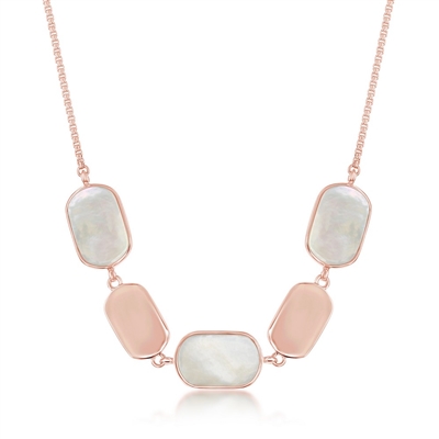 Sterling Silver Alternating Polished and Pink Mother of Pearl Necklace - Rose Gold Plated