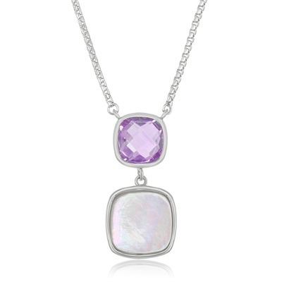 Sterling Silver Double Square Amethyst and Mother of Pearl Necklace