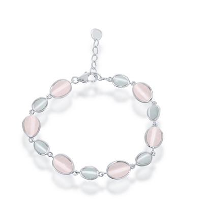 Sterling Silver Dark Tiffany Blue and Dark Pink Sakura Oval Catâ€™s Eye Bracelet