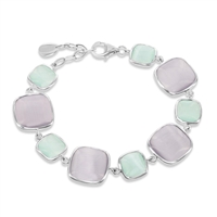 Sterling Silver Alternating Light Green & Grey Square Cat's Eye Bracelet