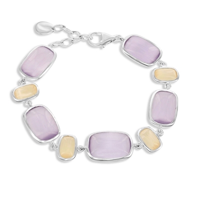 Sterling Silver Alternating Chanpagne & Light Violet Rectangle Cat's Eye Bracelet