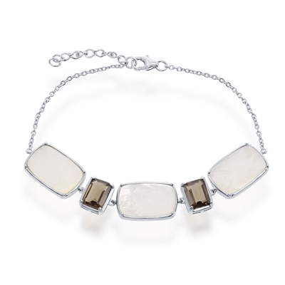 Sterling Silver Alternating Rectangle Mother of Pearl and Smoky Quartz Bracelet