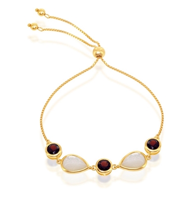 Sterling Silver Garnet and Mother of Pearl Adjustable Bolo Bracelet - Gold Plated