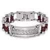 Stainless Steel Wide Red Braided Leather Greek Key Bar Bracelet