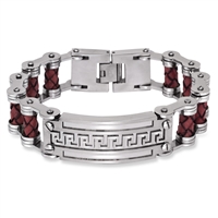Stainless Steel Wide Red Braided Leather Greek Key Bar Bracelet
