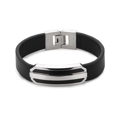 Stainless Steel Black Leather Strap with Lined Bar Center Bracelet