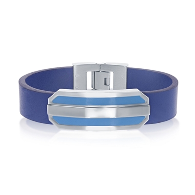 Stainless Steel 8" Blue Leather Strap with Lined Bar Center Bracelet