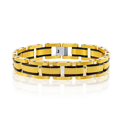 Stainless Steel Gold and Black Textured Link Bracelet