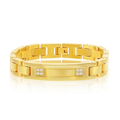Stainless Steel CZ ID Link Bracelet - Gold Plated