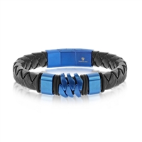 Blue Stainless Steel Genuine Black Leather Bracelet