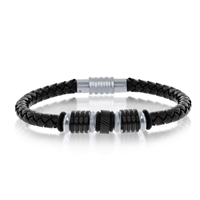 Black & Silver Stainless Steel with Genuine Black Leather Bracelet