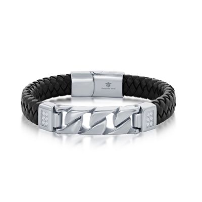 Stainless Steel Genuine Black Leather Curb Link Bracelet