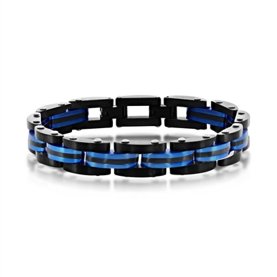 Stainless Steel Two-Toned Striped Link Bracelet - Black & Blue