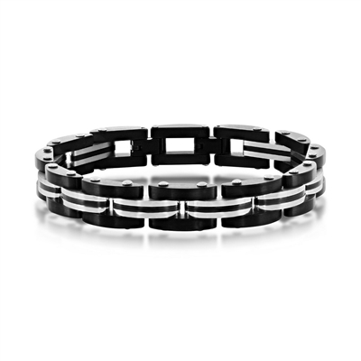 Stainless Steel Two-Toned Striped Link Bracelet - Black & Silver