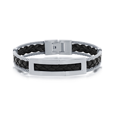 Stainless Steel Leather Cable Bracelet - Black & Silver