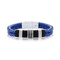 Stainless Steel Double Strand Genuine Leather Bracelet - Blue