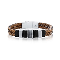 Stainless Steel Double Strand Genuine Leather Bracelet - Brown