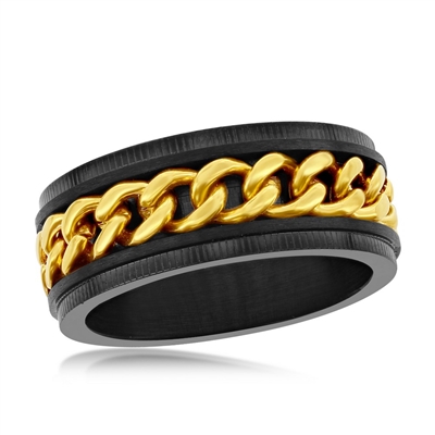 Stainless Steel Gold Curb Link Ring - Black Plated