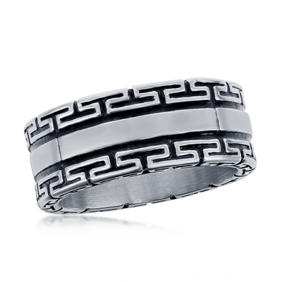 Stainless Steel Oxidized Greek Key Ring