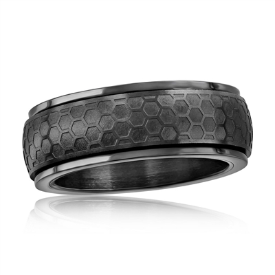 Stainless Steel Honey Comb Design Spinner Ring - Black Plated