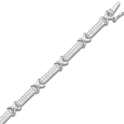 Sterling Silver "X" and Micro Pave Bar Link Bracelet (188 stones)