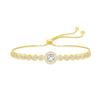 Sterling Silver Round CZ Halo Bezel-Set CZ Adjustable Bolo Bracelet - Gold Plated