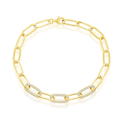Sterling Silver CZ Paperclip Bracelet - Gold Plated